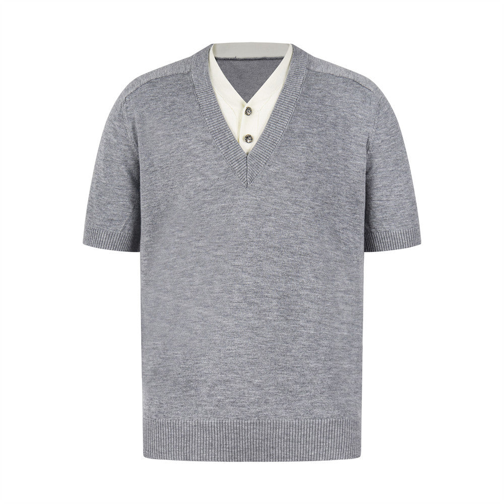 Fake two double layered V-neck short sleeved t-shirts