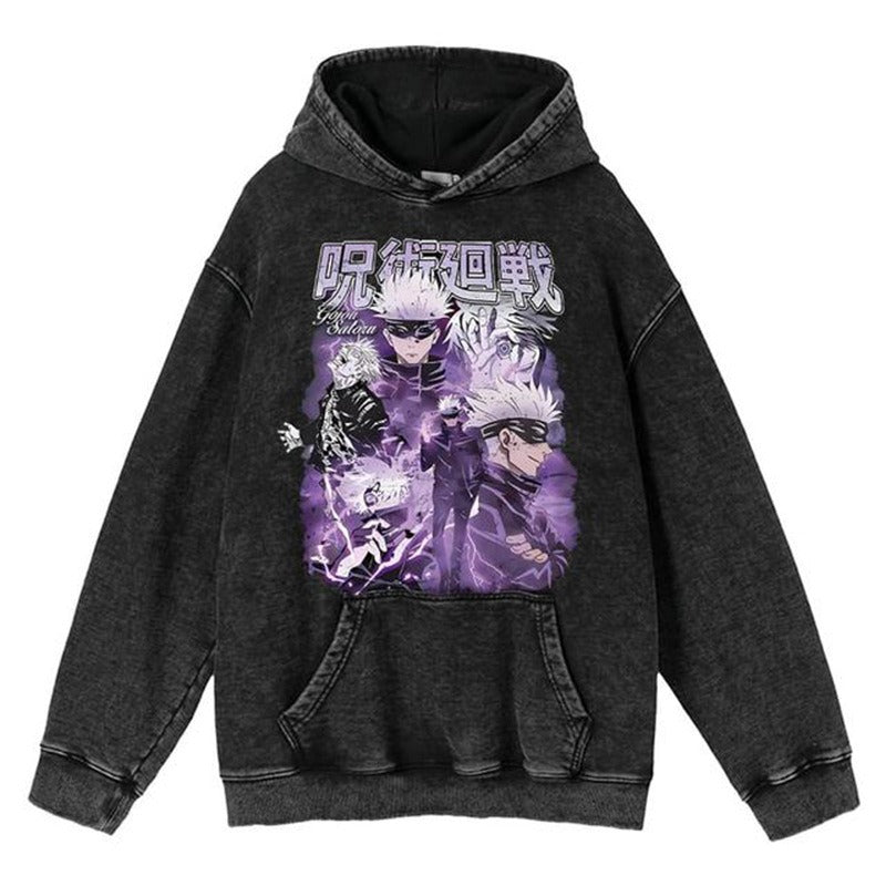 New Water Washed Retro Hoodie Spell Battle Anime Peripheral Printed Hoodies for Men and Women
