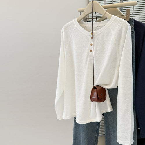 Style Round Neck Button Design Long Sleeve T-Shirt Women Spring Autumn Loose Korean Version Solid Color Innerwear Top