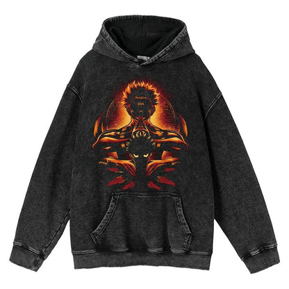 New Water Washed Retro Hoodie Spell Battle Anime Peripheral Printed Hoodies for Men and Women