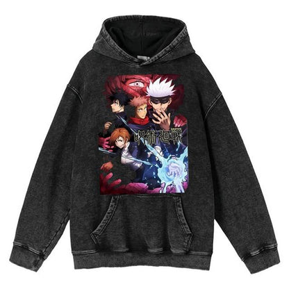 New Water Washed Retro Hoodie Spell Battle Anime Peripheral Printed Hoodies for Men and Women