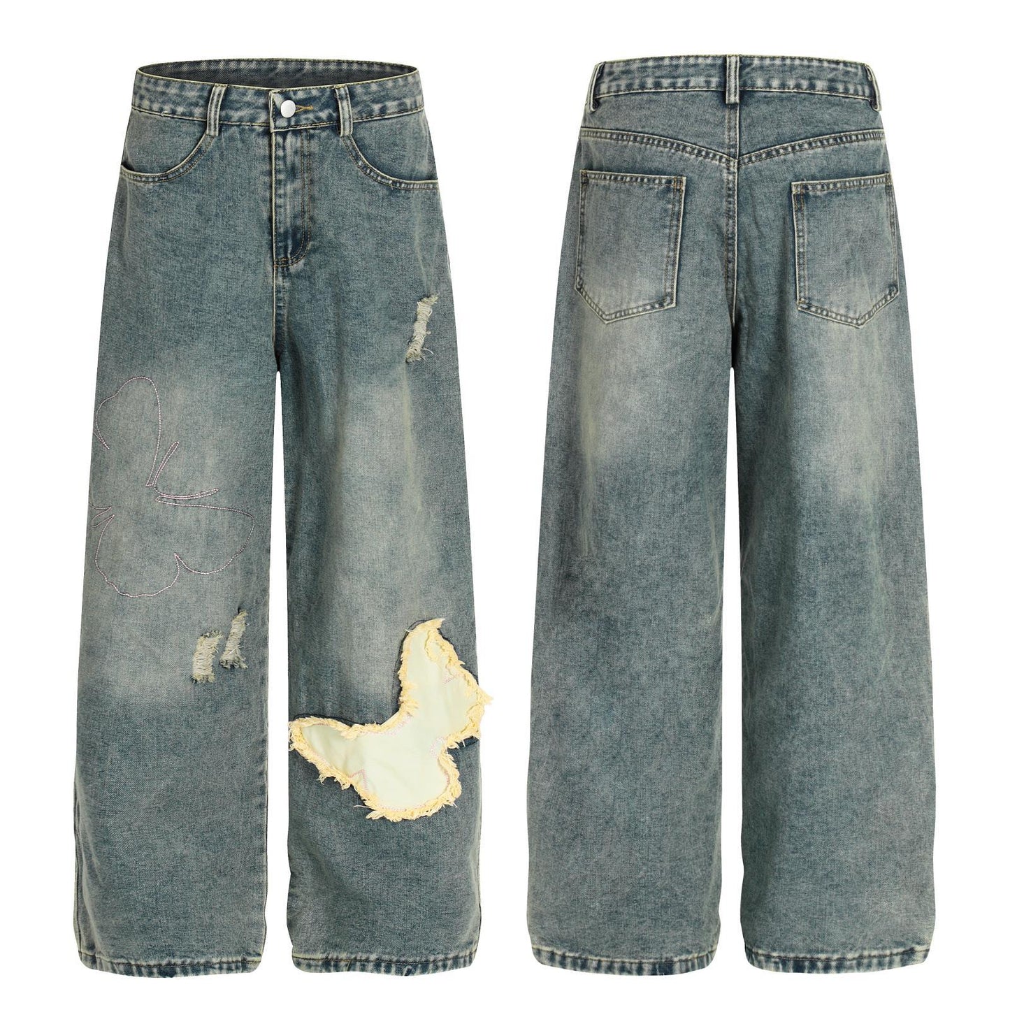 Loose Fit Denim Pants with Patchwork Decoration