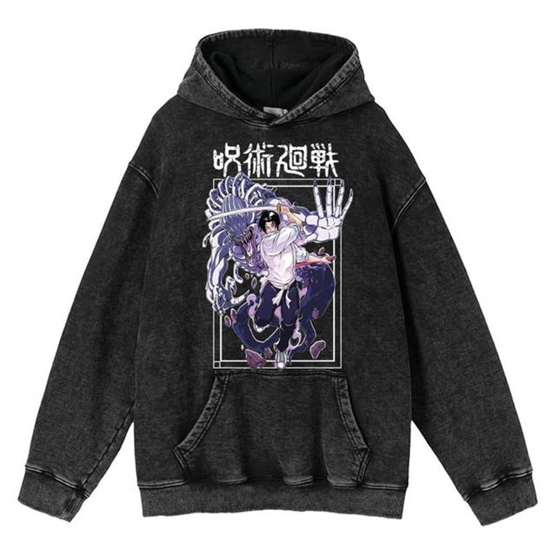 New Water Washed Retro Hoodie Spell Battle Anime Peripheral Printed Hoodies for Men and Women