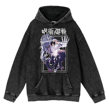 New Water Washed Retro Hoodie Spell Battle Anime Peripheral Printed Hoodies for Men and Women