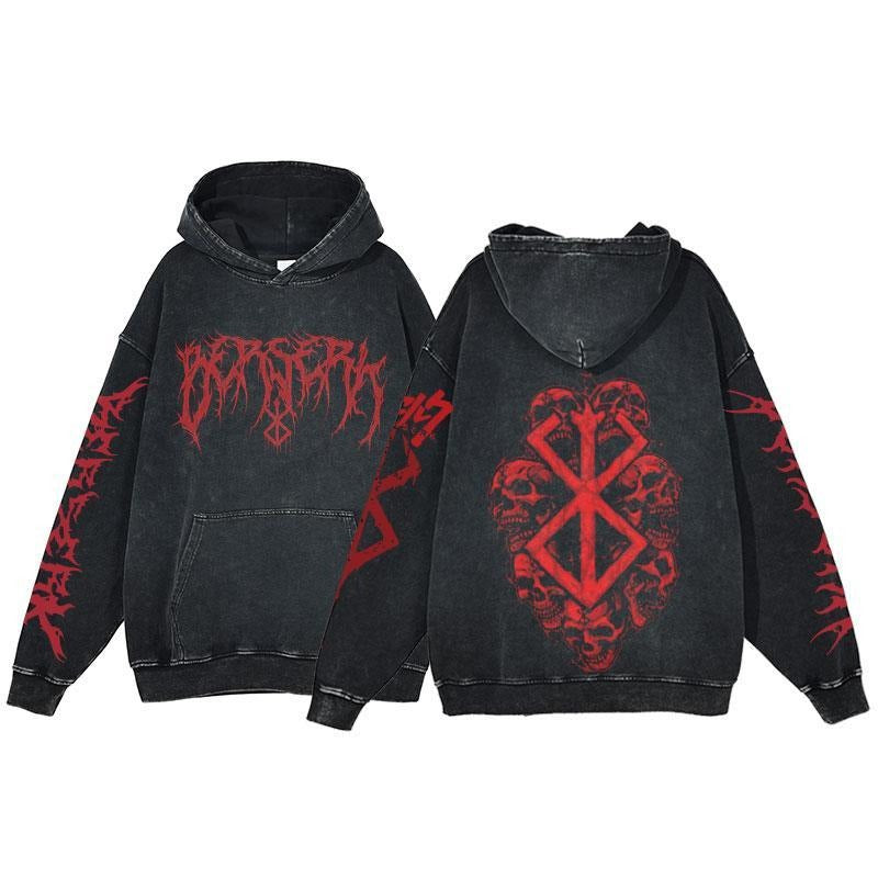 New Water Washed Retro Hoodie Spell Battle Anime Peripheral Printed Hoodies for Men and Women