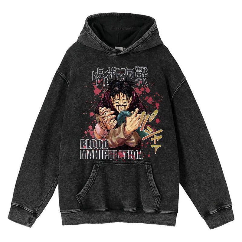 New Water Washed Retro Hoodie Spell Battle Anime Peripheral Printed Hoodies for Men and Women