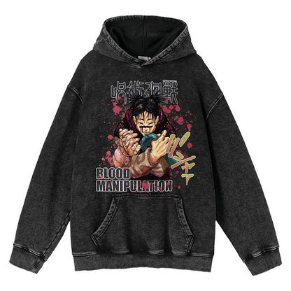 New Water Washed Retro Hoodie Spell Battle Anime Peripheral Printed Hoodies for Men and Women