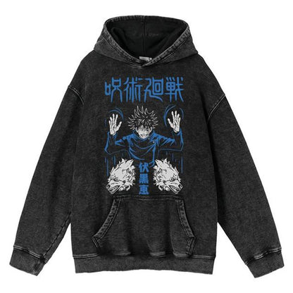 New Water Washed Retro Hoodie Spell Battle Anime Peripheral Printed Hoodies for Men and Women