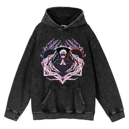New Water Washed Retro Hoodie Spell Battle Anime Peripheral Printed Hoodies for Men and Women