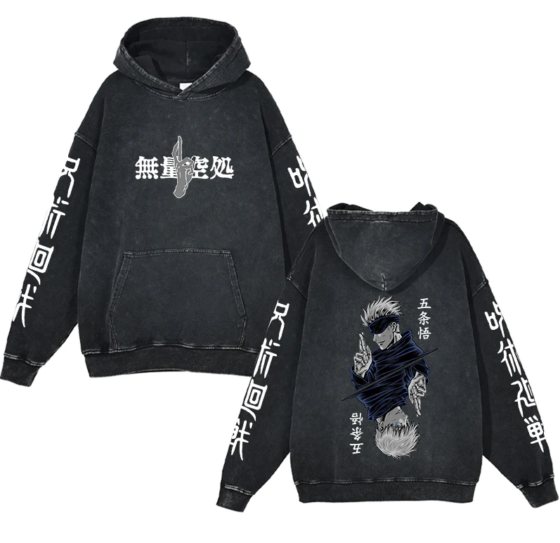 New Water Washed Retro Hoodie Spell Battle Anime Peripheral Printed Hoodies for Men and Women