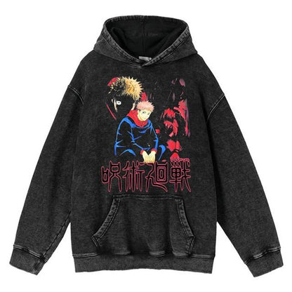 New Water Washed Retro Hoodie Spell Battle Anime Peripheral Printed Hoodies for Men and Women