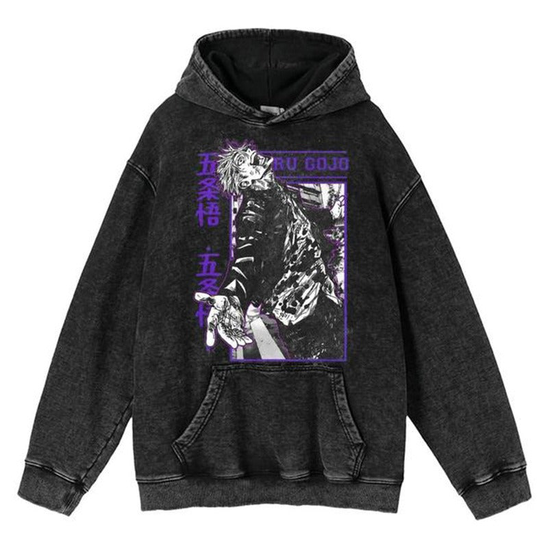 New Water Washed Retro Hoodie Spell Battle Anime Peripheral Printed Hoodies for Men and Women