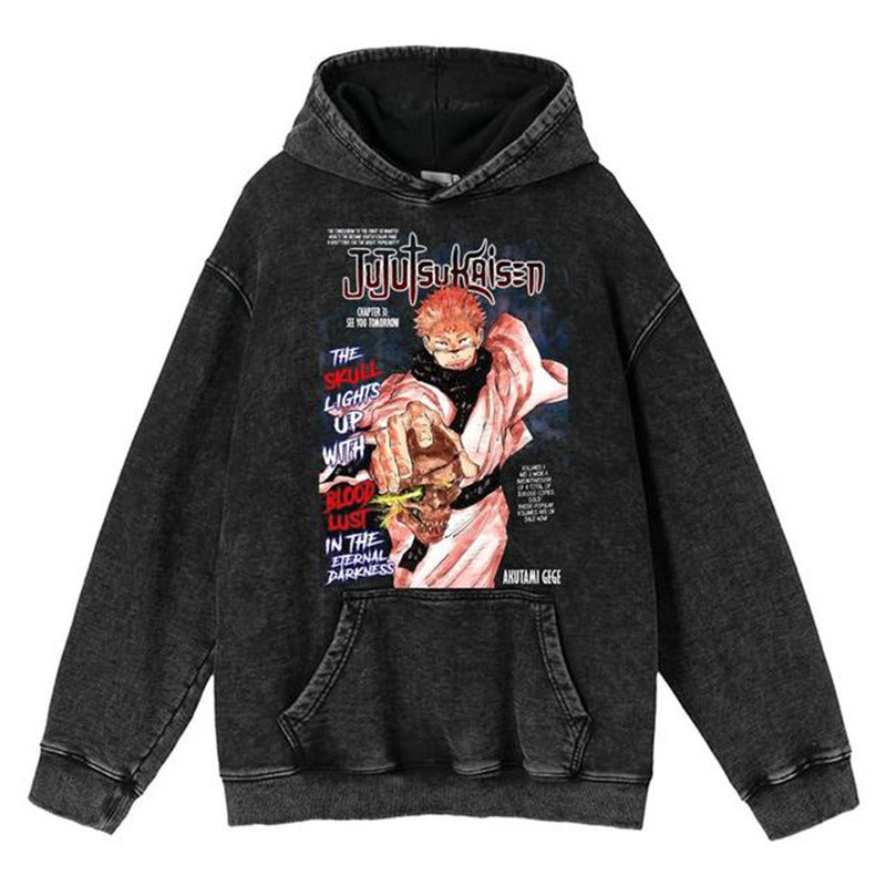 New Water Washed Retro Hoodie Spell Battle Anime Peripheral Printed Hoodies for Men and Women
