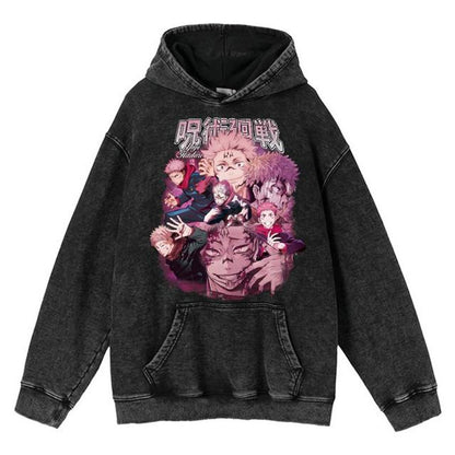 New Water Washed Retro Hoodie Spell Battle Anime Peripheral Printed Hoodies for Men and Women
