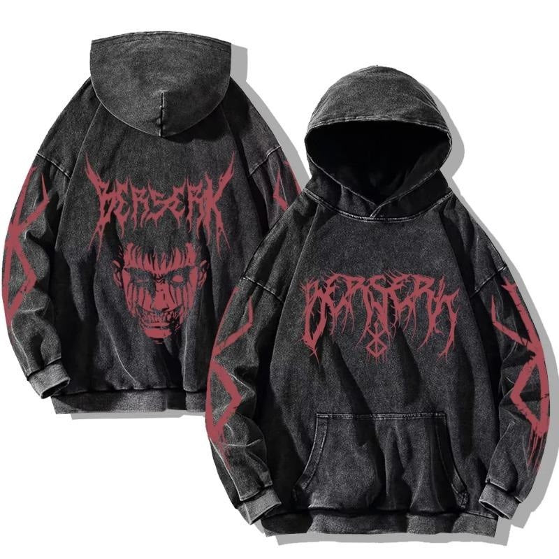 New Water Washed Retro Hoodie Spell Battle Anime Peripheral Printed Hoodies for Men and Women