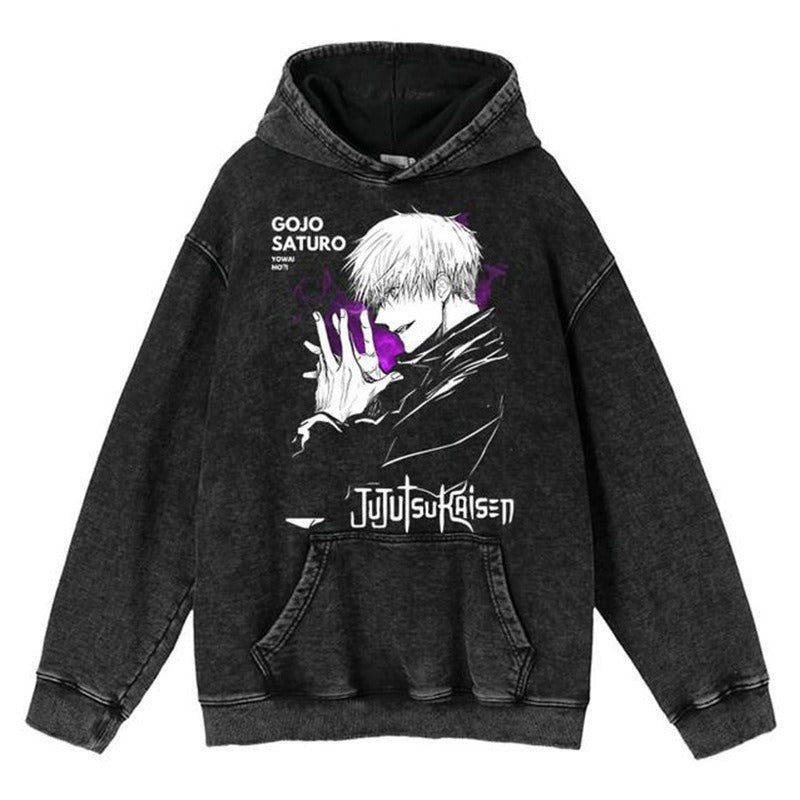 New Water Washed Retro Hoodie Spell Battle Anime Peripheral Printed Hoodies for Men and Women