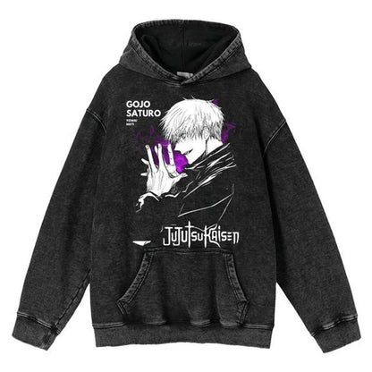 New Water Washed Retro Hoodie Spell Battle Anime Peripheral Printed Hoodies for Men and Women