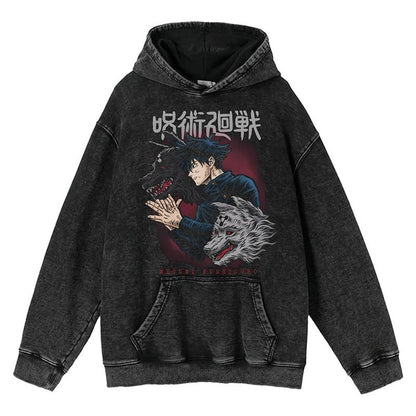 New Water Washed Retro Hoodie Spell Battle Anime Peripheral Printed Hoodies for Men and Women