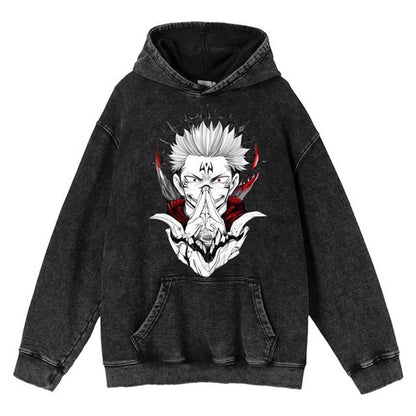 New Water Washed Retro Hoodie Spell Battle Anime Peripheral Printed Hoodies for Men and Women