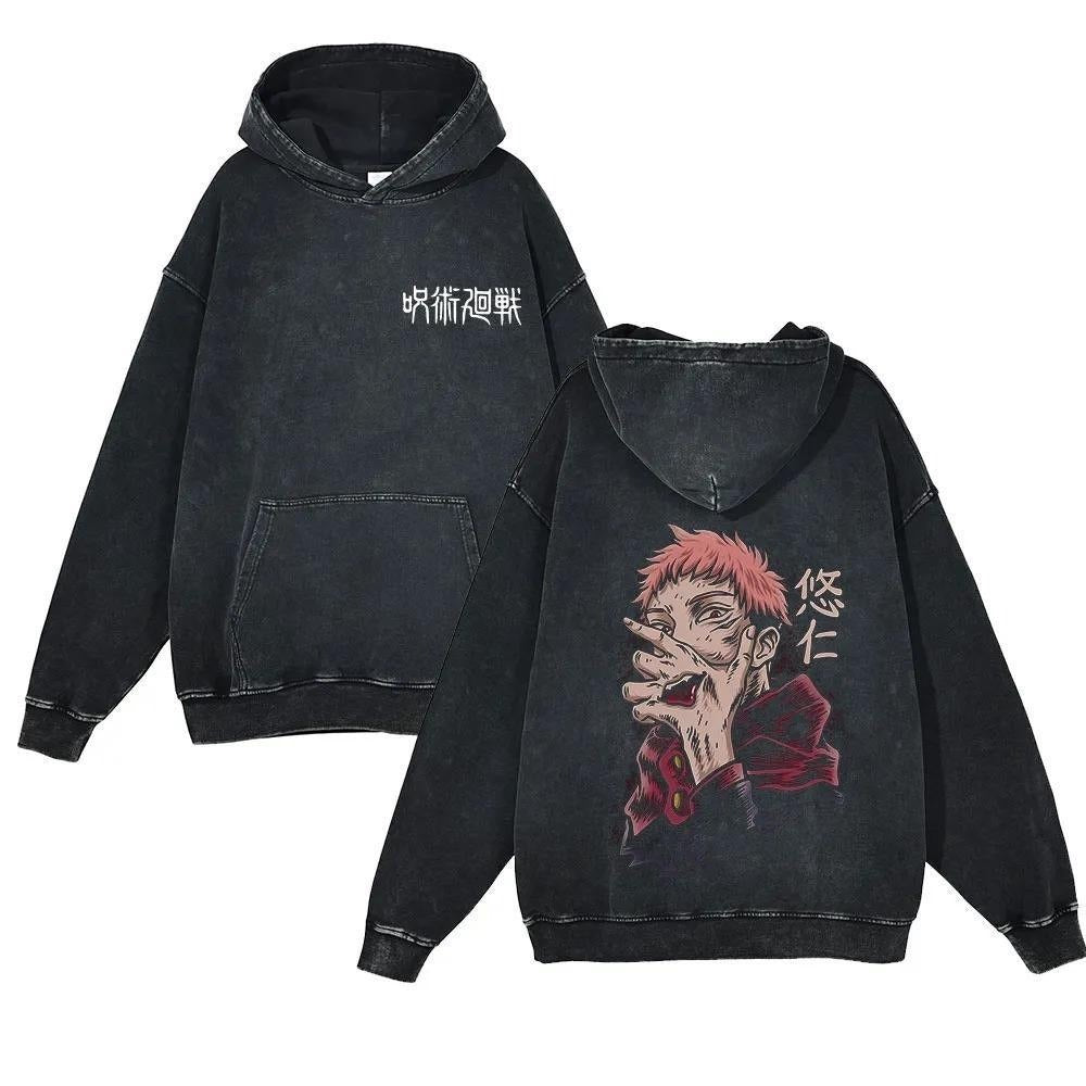 New Water Washed Retro Hoodie Spell Battle Anime Peripheral Printed Hoodies for Men and Women