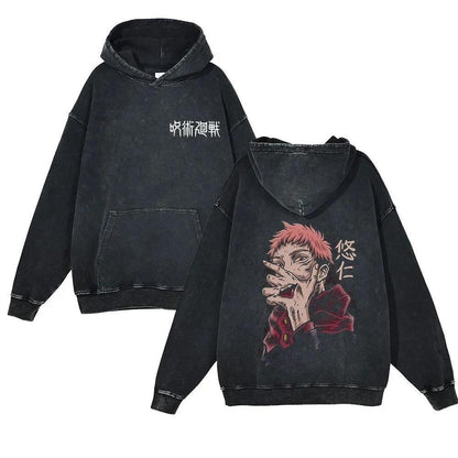 New Water Washed Retro Hoodie Spell Battle Anime Peripheral Printed Hoodies for Men and Women