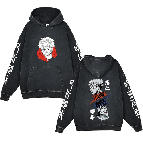 New Water Washed Retro Hoodie Spell Battle Anime Peripheral Printed Hoodies for Men and Women