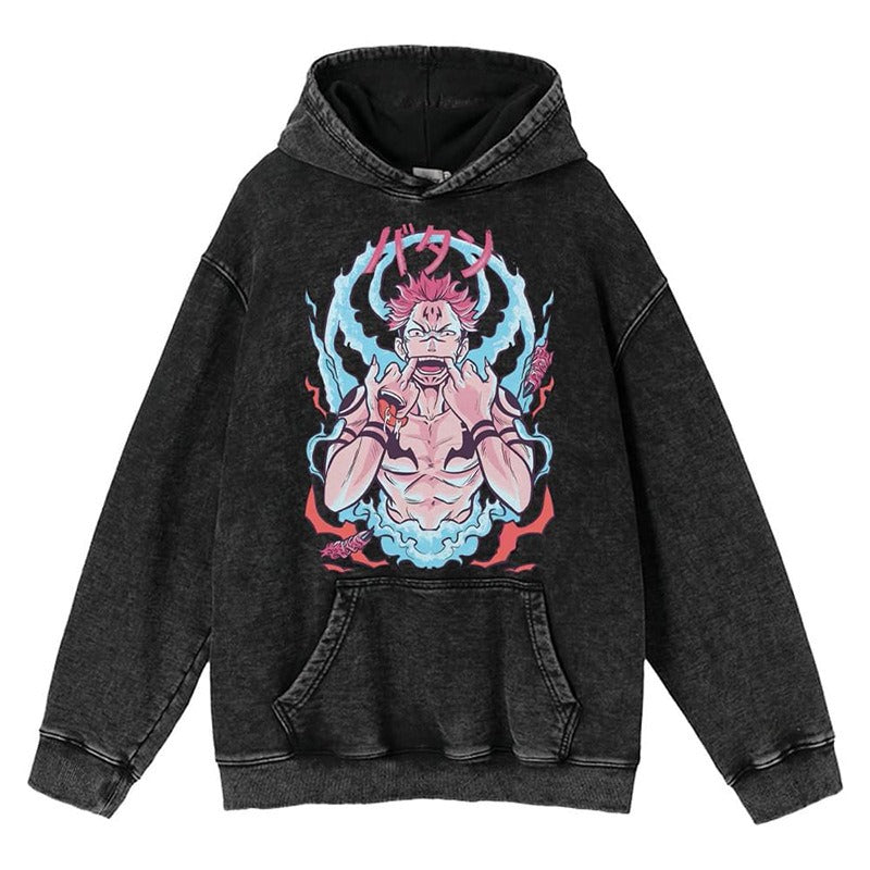New Water Washed Retro Hoodie Spell Battle Anime Peripheral Printed Hoodies for Men and Women