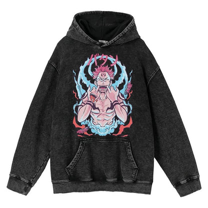 New Water Washed Retro Hoodie Spell Battle Anime Peripheral Printed Hoodies for Men and Women