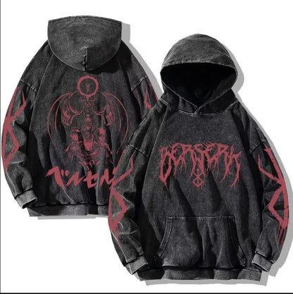 New Water Washed Retro Hoodie Spell Battle Anime Peripheral Printed Hoodies for Men and Women