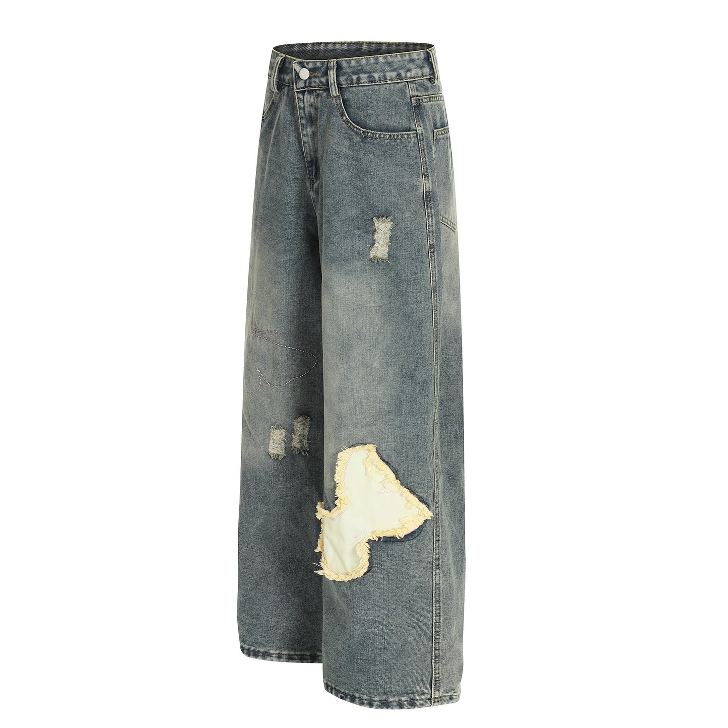 Loose Fit Denim Pants with Patchwork Decoration