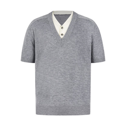 Fake two double layered V-neck short sleeved t-shirts