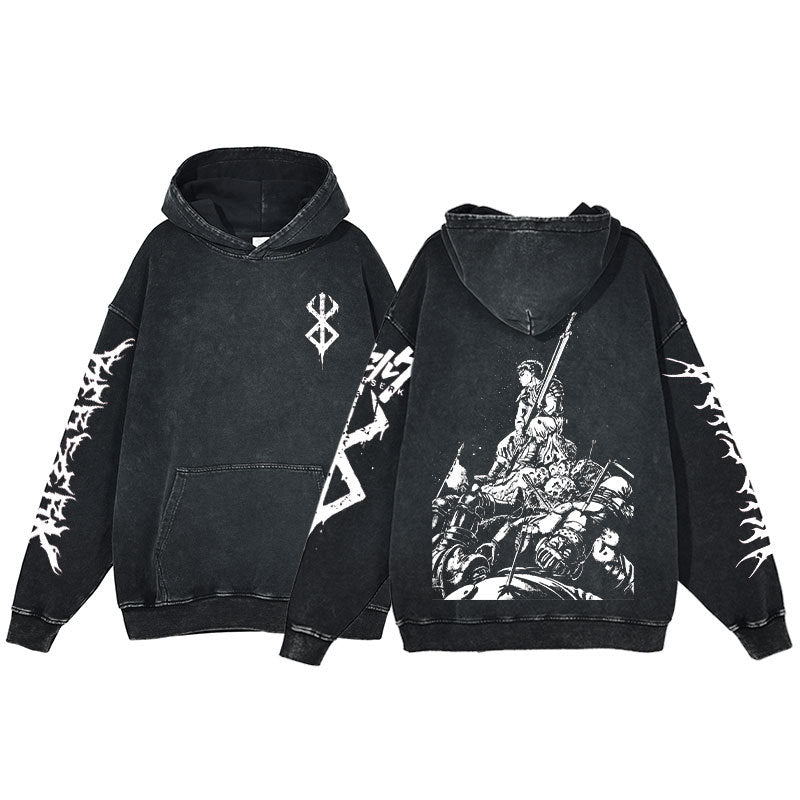 New Water Washed Retro Hoodie Spell Battle Anime Peripheral Printed Hoodies for Men and Women