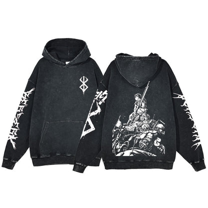 New Water Washed Retro Hoodie Spell Battle Anime Peripheral Printed Hoodies for Men and Women