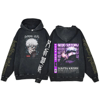New Water Washed Retro Hoodie Spell Battle Anime Peripheral Printed Hoodies for Men and Women