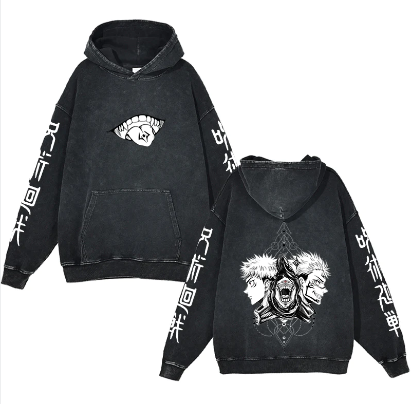 New Water Washed Retro Hoodie Spell Battle Anime Peripheral Printed Hoodies for Men and Women