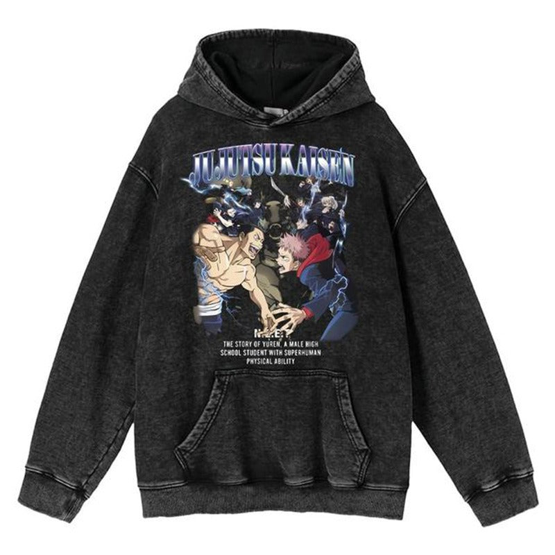 New Water Washed Retro Hoodie Spell Battle Anime Peripheral Printed Hoodies for Men and Women