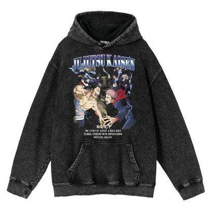 New Water Washed Retro Hoodie Spell Battle Anime Peripheral Printed Hoodies for Men and Women