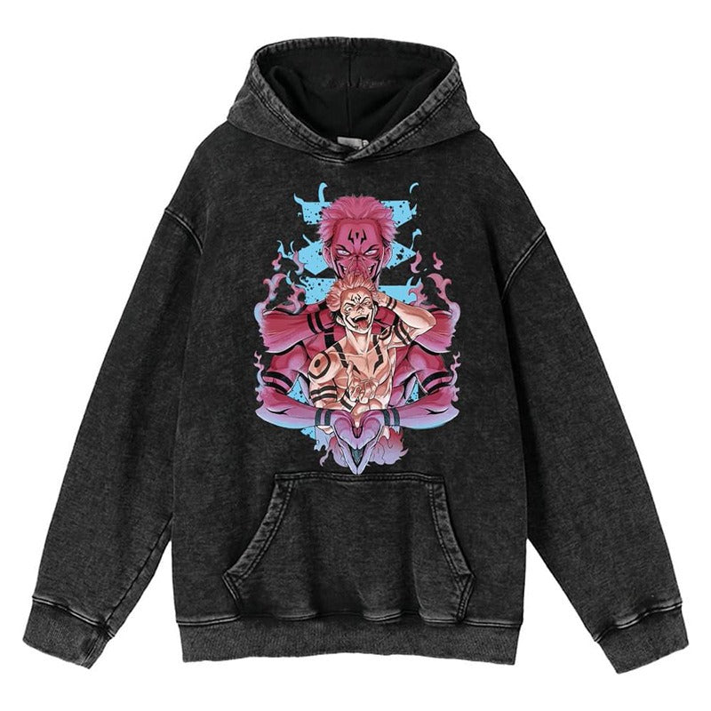 New Water Washed Retro Hoodie Spell Battle Anime Peripheral Printed Hoodies for Men and Women