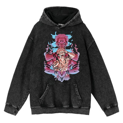 New Water Washed Retro Hoodie Spell Battle Anime Peripheral Printed Hoodies for Men and Women