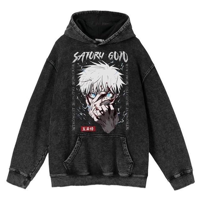 New Water Washed Retro Hoodie Spell Battle Anime Peripheral Printed Hoodies for Men and Women