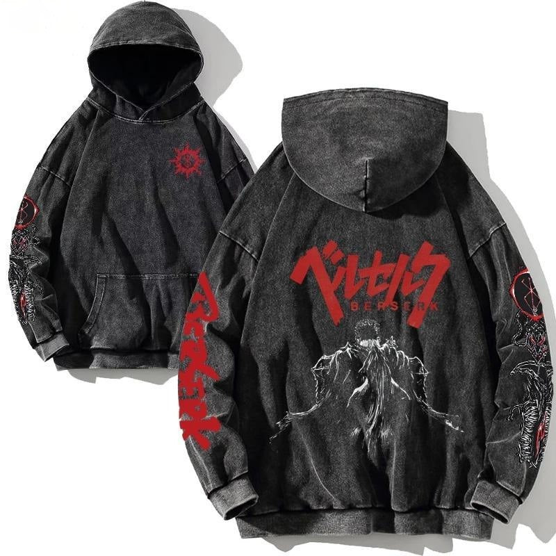 New Water Washed Retro Hoodie Spell Battle Anime Peripheral Printed Hoodies for Men and Women
